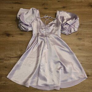 Altar'd State size S Lilac Satin Puff sleeve Mini Flare Dress Smocked
